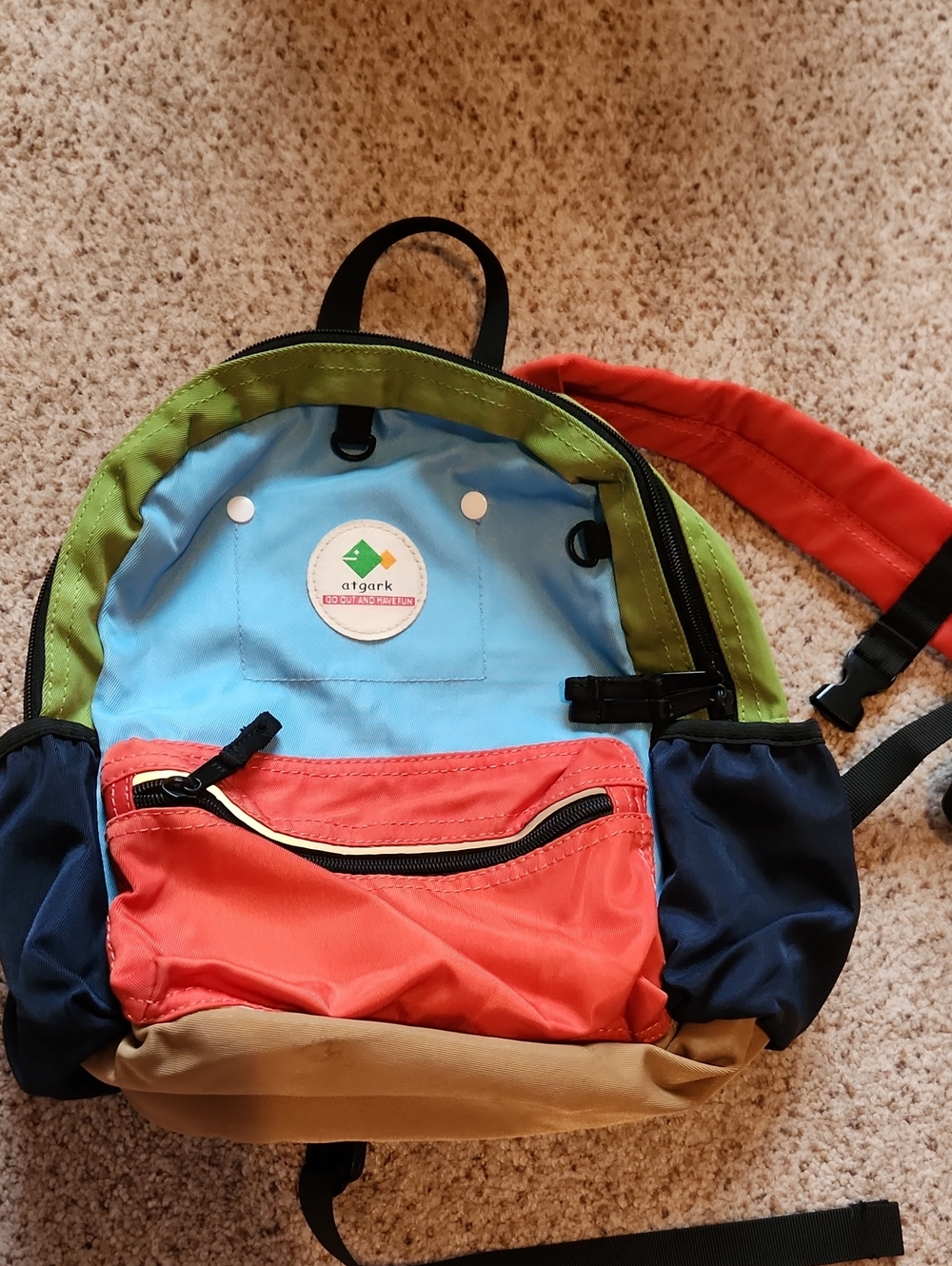 Atgark Kids Colorblock Backpack in Coral, Blue & Green